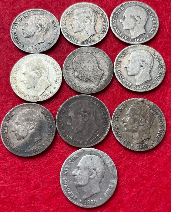 Spain. Alfonso XII (1874-1885). 50 centimos 1880 - 1885 - Lote de 10 monedas