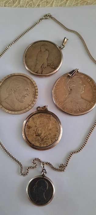 World, Netherlands, Austria, United States. Lot of 5 Silver pendants with different coins and 1 necklace