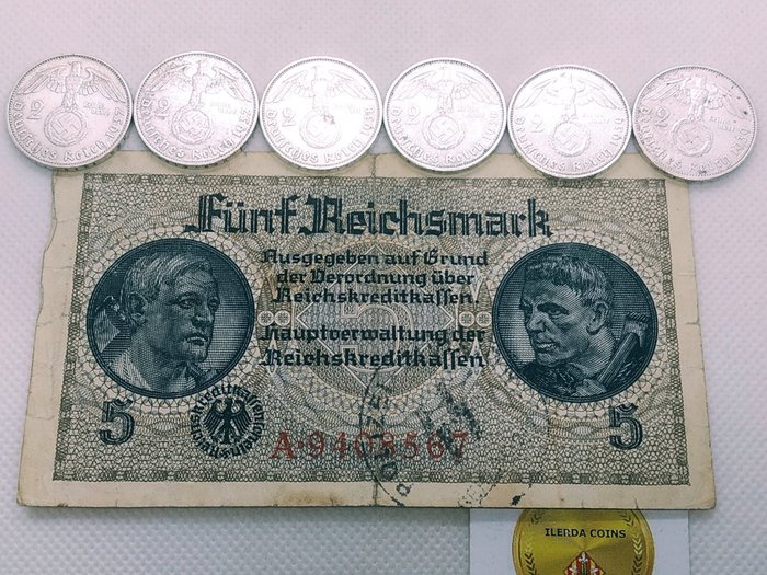 Germany, Third Reich. Lot of 6 x 2 Reichsmark & 1 Banknote 5 Reichsmark 1937/1939