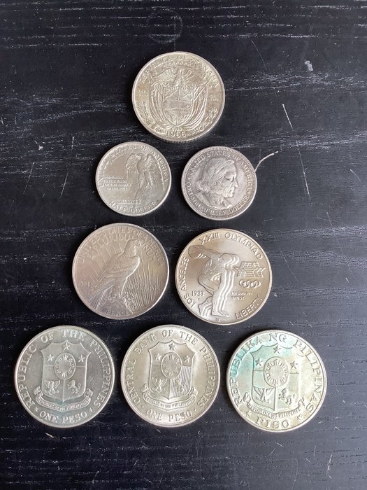 World, Philippines, Panama, United States. Collection of coins from different countries (8 pieces silver)