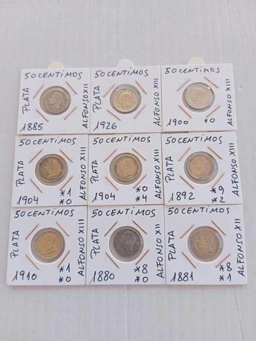 Spain. Alfonso XII- Alfonso XIII. 50 centimos 1880-1926 (9 moedas)