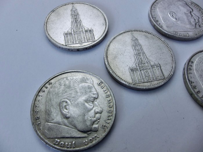 Germany, Third Reich. 5 Reichsmark 1934-1936, 900 zilver, Garnizonskirche / Paul von Hindenburg, 5 stuks