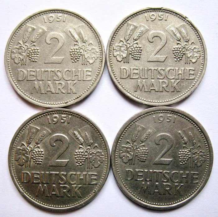 Germany, Federal Republic. 2 Mark 1951 D, F, G and J (4 different coins) complete series
