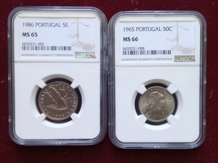 Portugal. Republic. 50 Centavos + 5 Escudos 1965 MS 66 + 1986 MS 65 (2 moedas)