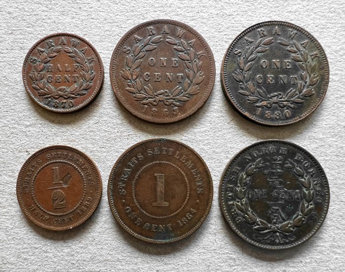 Sarawak, Straits Settlements, British north Borneo. 1863- 1889: six (scarce) copper coins