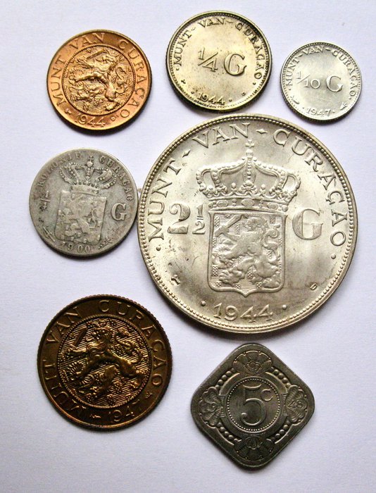 Curaçao (Dutch Caribbean). Wilhelmina (1890-1948). 1 Cent/ 2 1/2 Gulden 1900/1947 (7 different coins) incl. 4x silver