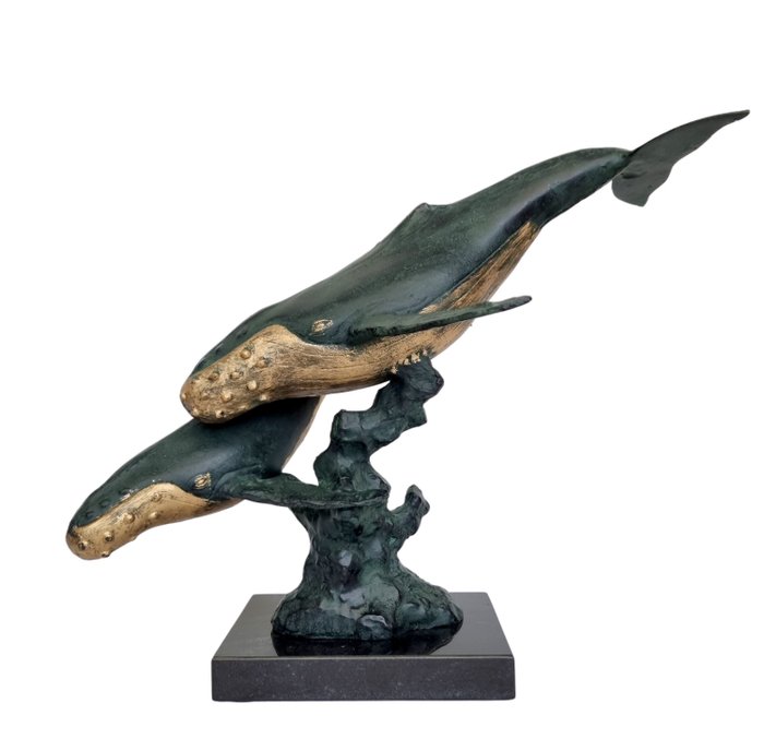 Sculptură, Swimming whales - 44 cm - Aluminiu