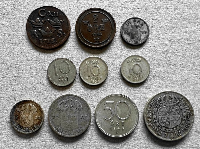 Sweden. Lot van 10 munten Zweden (8 x zilver) 1718-1957