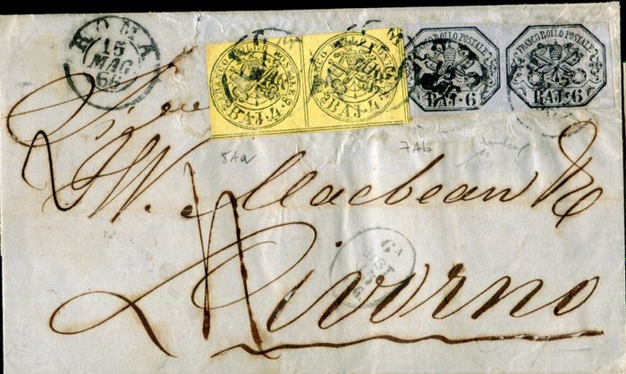 Italienische antike Staaten - Kirchenstaat 1864 - Seltene 20-Bajocchi-Briefmarke - Sassone 5Aa, 7Ab