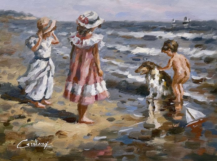 Francis Cristaux (1950) - Les Enfants au bord de Mer et le Petit Voilier -  Catawiki