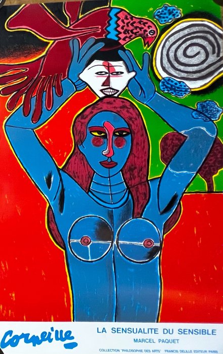 Guillaume Corneille (1922-2010) - Grande affiche originale "Femme, chat et masque" avec tampon Atelier