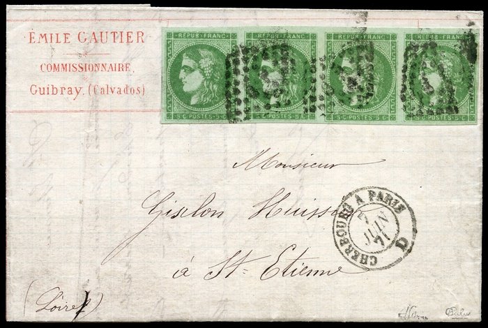 France 1870 - Bordeaux, 5 c. vert-jaune, report 2, bande de 4 sur lettre - Yvert 42B