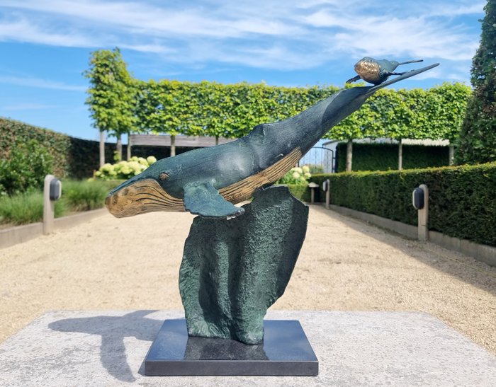 雕塑, zwemmende walvissen - 57 cm - 铝