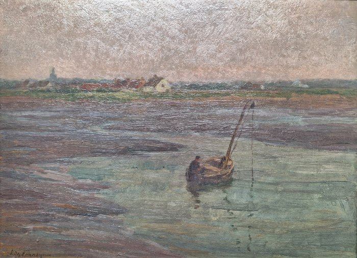 Edgar Farasyn (1858-1938) - Boot in waterrijk landschap met in de verte een dorp