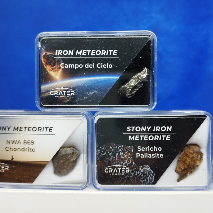 -Free shipping- METEORITE COLLECTION. Campo del Cielo (Iron) / Sericho (Pallasite) / NWA 869 (Chondrite). - 3 g