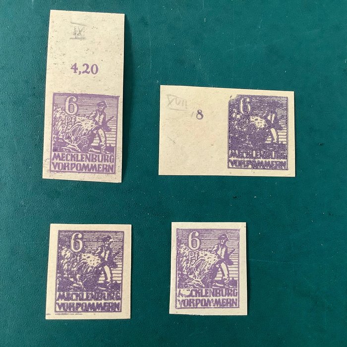 Allied Occupation - Germany (Soviet zone) 1946 - Mecklenburg: 6 Pf toothless and three varieties in nuance Ye - all BPP approved - Michel 33yeU, 33yeU IX, 33eyU XVII en VII