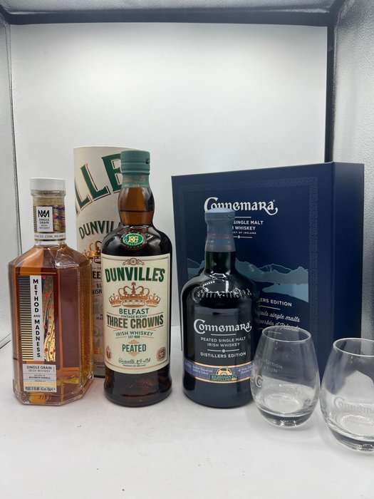 Method and Madness Virgin Spanish Oak - Dunville's Peated - Connemara Peated Distillers Edition with glasses  - 70cl - 3 bottles