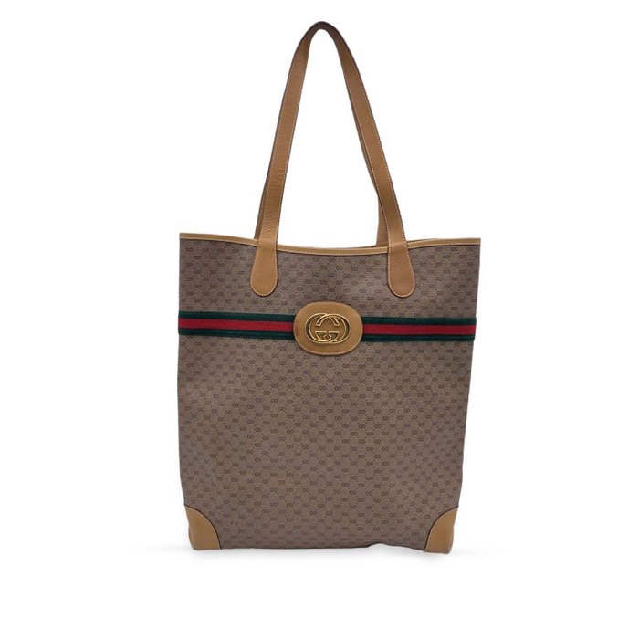 Gucci - Vintage Beige GG Monogram Canvas Shopping Bag Stripes - Τσάντα αγοραστή