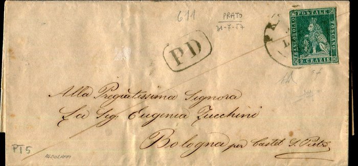 Italienische antike Staaten - Toskana 1851 - Klischeefehler. 2 Verrückte auf einem Brief von Prato nach Bologna - Sassone 5f