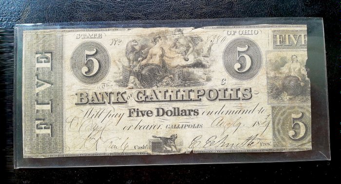 美利堅合眾國 - 過時貨幣 -. 5 Dollars 1839 -  The Bank of Gallipolis  (沒有保留價)