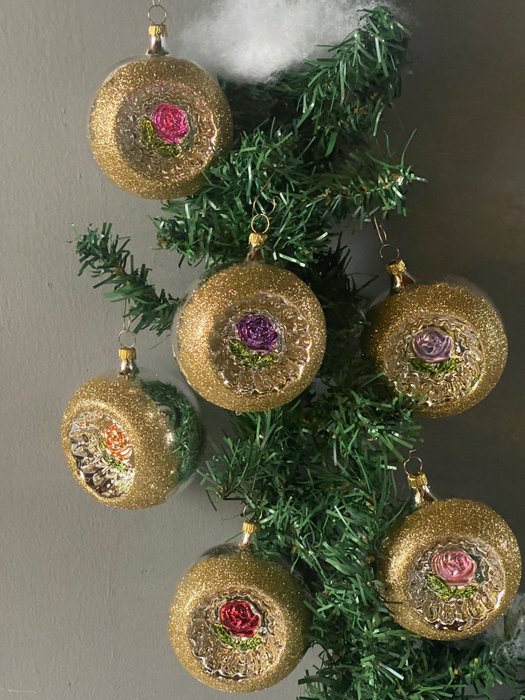 Glasstätte Lauscha: 6 reflex kerstballen met in het midden een roos - Ornament Glob de Crăciun (6) - Sticlă
