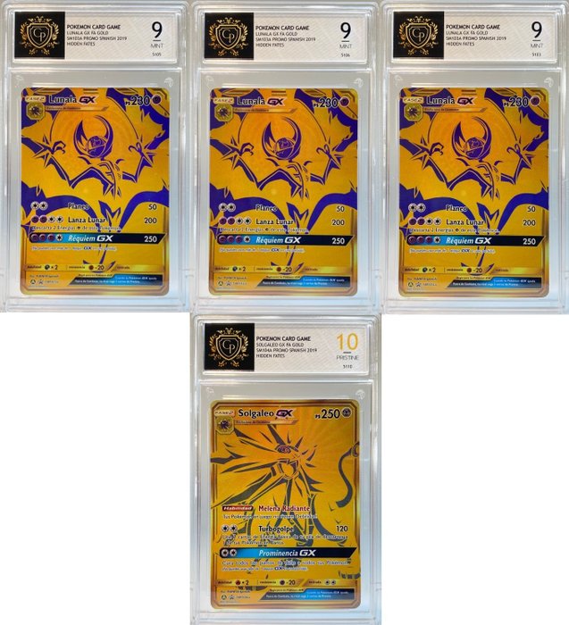 Pokémon - 4 Card - x4 Card Graded LUNALA SOLGALEO GX FA GOLD SM103A Spanish  2019 HIDDEN FATES Pokemon Card Game GP 9 10 - LUNALA GX SOLGALEO GX -  Catawiki