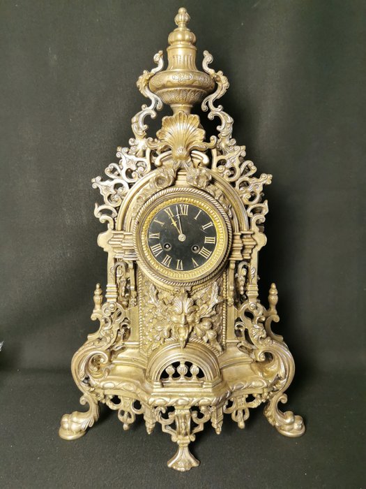 Kandallóóra - Nagy antik sárgaréz asztali óra - 1880