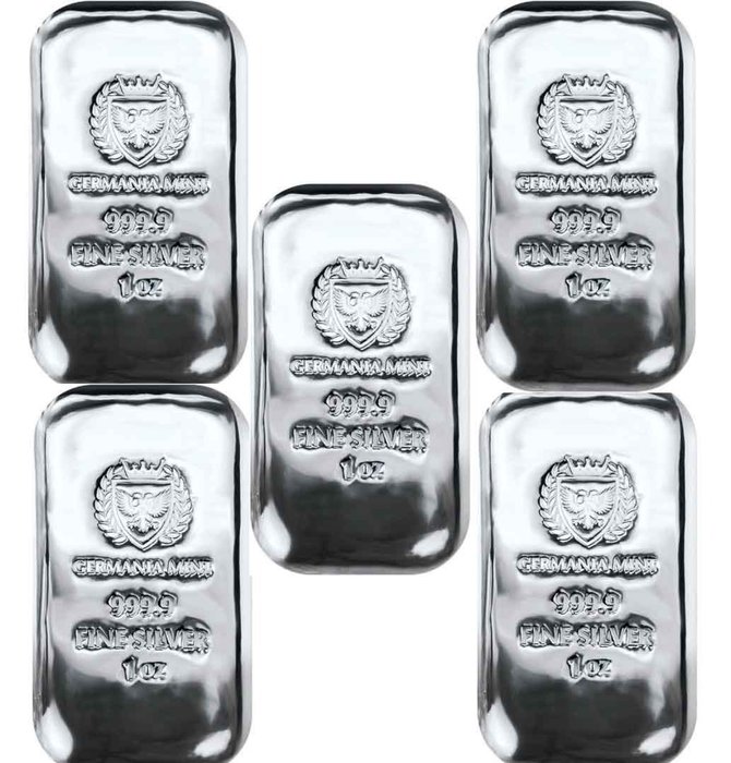 Polen. 5 x 1 oz Germania Mint 9999 Fine Silver Cast Bar