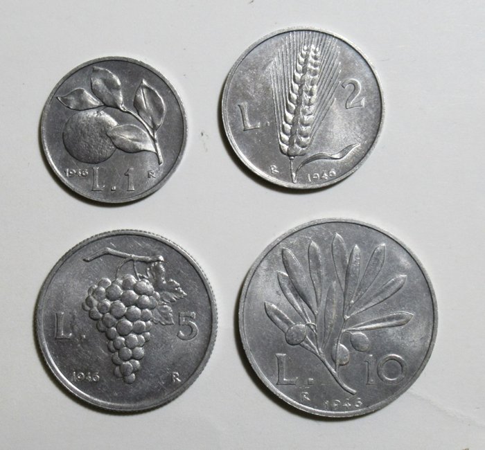 意大利， 意大利共和国. Serie completa 1, 2, 5 e 10 Lire 1946 (4 monete)
