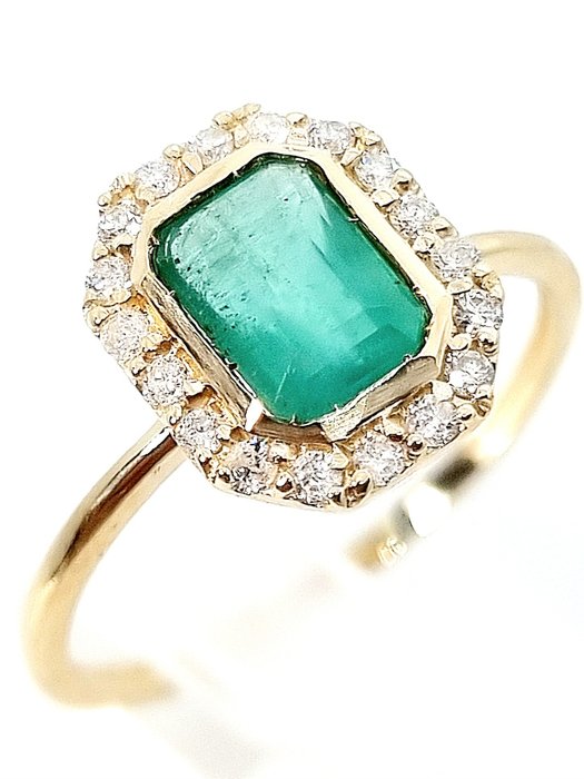 14 kt. Gold - Ring - 1.28 ct Emerald - Diamonds