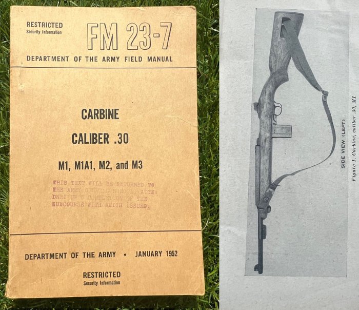 美國 - 罕見的二戰空降/步兵 M1 卡賓槍維護手冊 - 步兵 - 空降兵 - 遊騎兵 - 漂亮的盤子，所有技術細節 - 1952