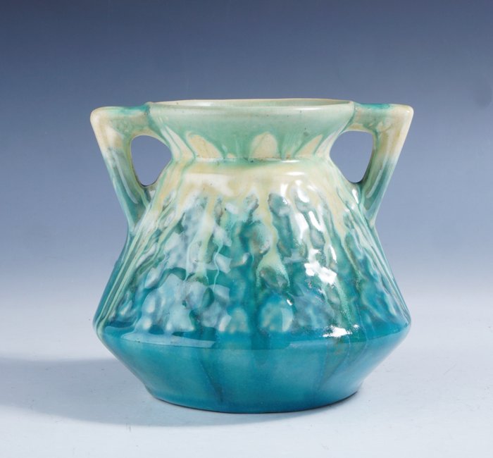 Faienceries de Thulin - 花瓶 -  Art Deco oorvaas met polychroom druipglazuur • Groen en creme tinten  - 陶瓷
