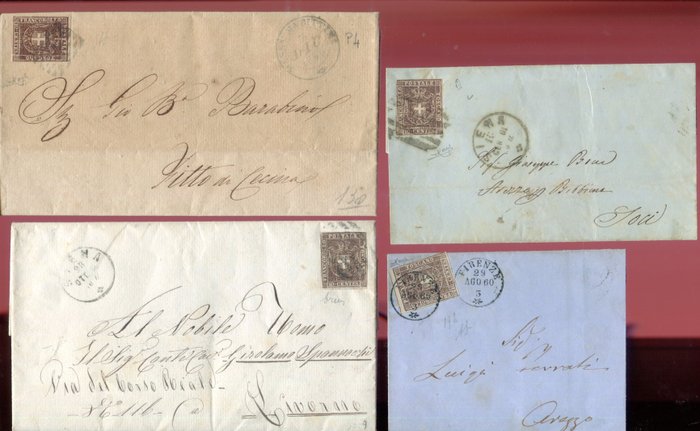 Antiguos Estados de Italia - Toscana 1860 - Gobierno Provisional de Toscana grupo de 4 cartas estampadas de 10 céntimos (1 con espacio en - Sassone 19, 19b.