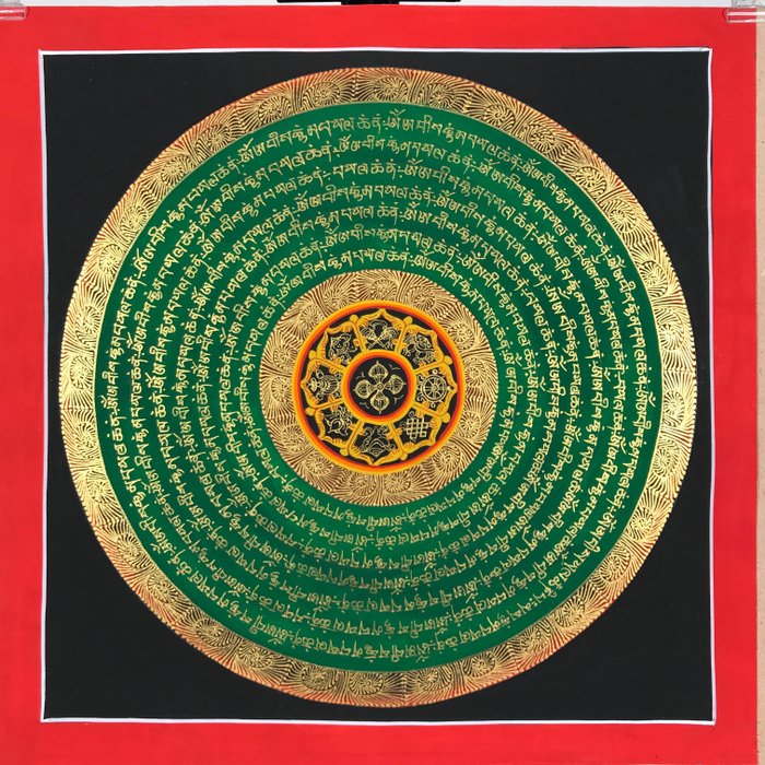 Maleri, Tibetansk Mandala Mantra med Dorje og 8 lovende symboler - Thangka håndmalt Feng Shui