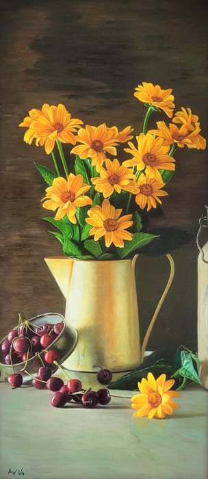Andreas van de Ven (1950) - Stilleven met gele bloemen en kersen