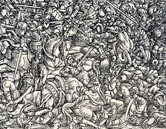 Heinrich Vogtherr (the Elder); - Folio with large battlewoodcuts, ‘Schlacht der Roemer mit dem Insubuern’ year 530 - 1548