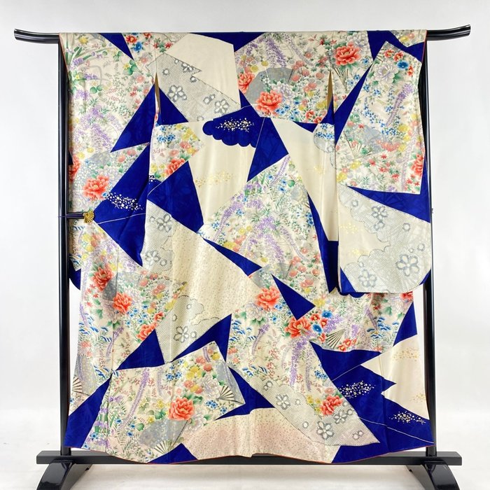 Furisode, Kimono (1) - Seta - Fiori, Fan - Giappone - Seconda metà del 20° secolo