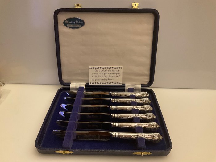 Harrison brothers - Coltello da tavola (6) - Set di 6 coltelli da tè con manici in argento sterling inutilizzati in custodia montata - .925 argento