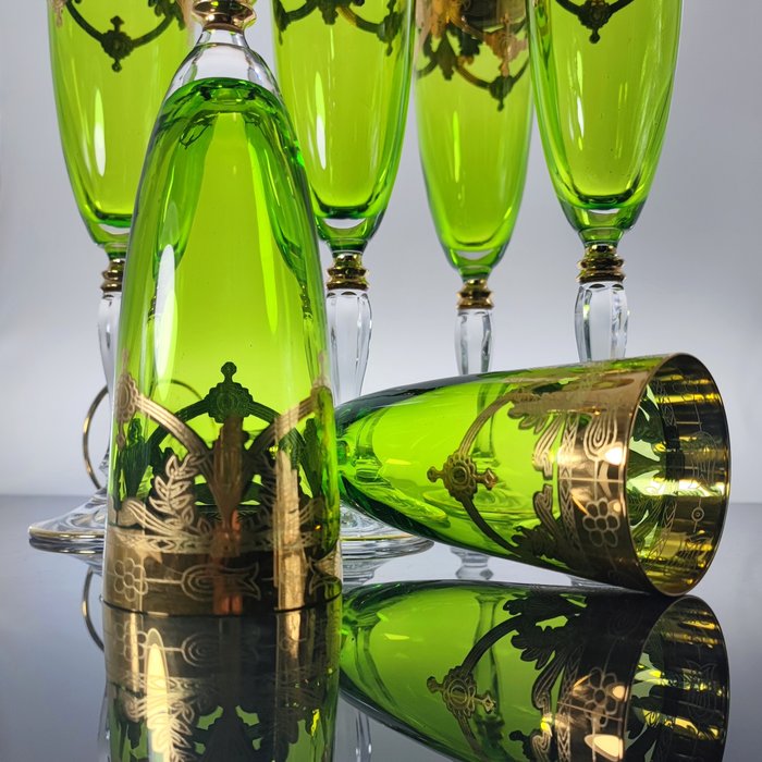 Secoloventesimo - Champagneglass (6) - Klorofyll gull krystall fløyte - 999 (24 karat) gull, Emalje, Krystall