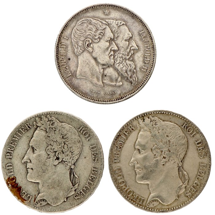 Belgium. 5 Francs 1847/1880 (3 stuks)