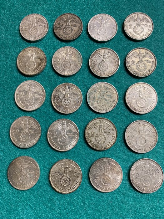 Germany, Third Reich. Lot. 2 Reichsmark 1936/1939 (20 Silver Coins)