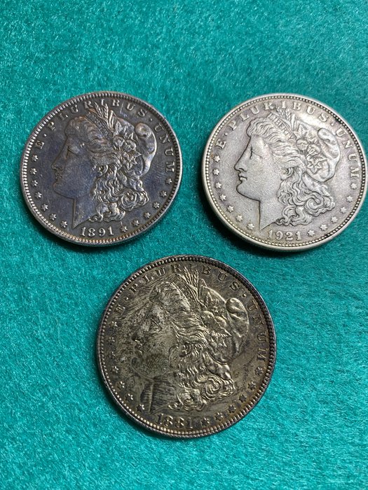 United States. Lot. Morgan Dollar 1881, 1891, 1921 (3 Stück)