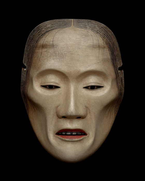 Mascherina di Noh, Scultura - Legno - Very Rare - Excellent Quality Noh Mask 能面 of ROJO-KOMACHI 老女小町 (in a mask bag) - Giappone - Periodo Shōwa (1926-1989)