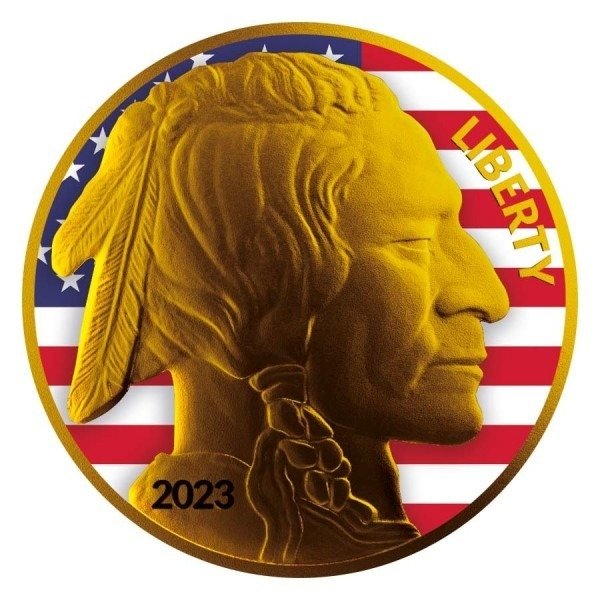 美國. Silver medal 2023 American Buffalo Round US Flag - Gold Gilded, 1 Oz (.999)  (沒有保留價)