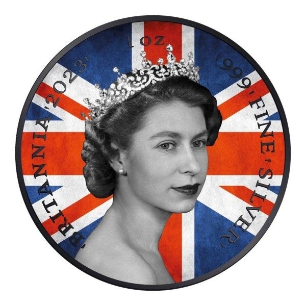 Egyesült Királyság. 2 Pounds 2023 Queen Britannia Flag - Colorized Black Platinum, 1 Oz (.999)  (Nincs minimálár)