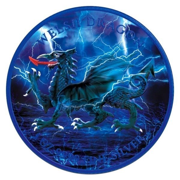 纽埃. 2 Dollars 2022 Welsh Dragon Colorized Cyber Blue Holographic Coin, 1 Oz (.999)