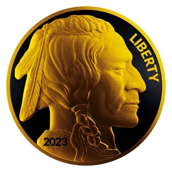 USA. Silver medal 2023 American Silver Buffalo Round - Black Platinum-  24k Gold Gilded, 1 Oz (.999)  (Ohne Mindestpreis)