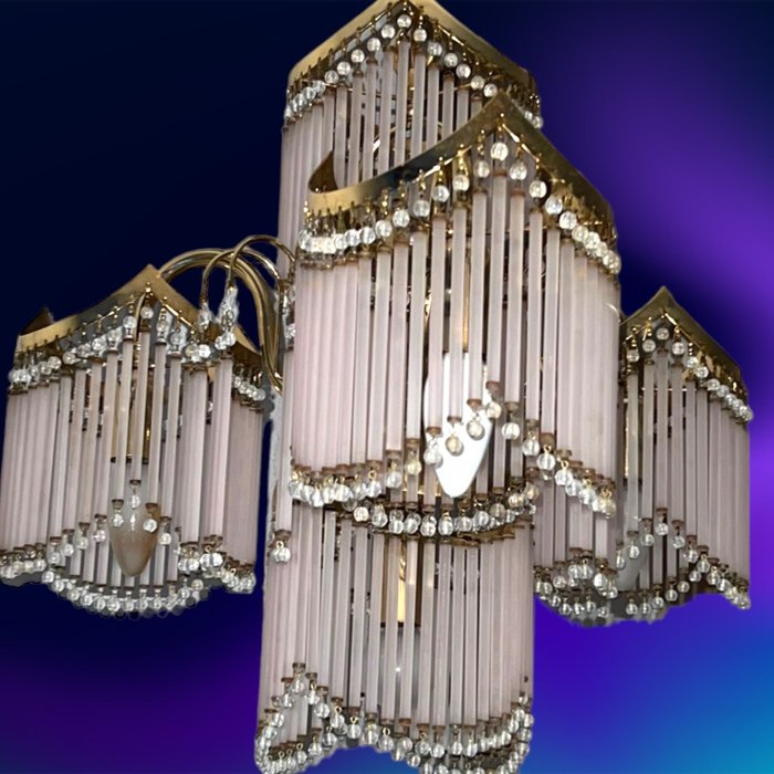 Elegante Lámpara chandelier - Lámpara - Bronce (dorado/plateado/patinado/pintado en frío), Cristales tubitos Rosas  - 04 Focos de Luces
