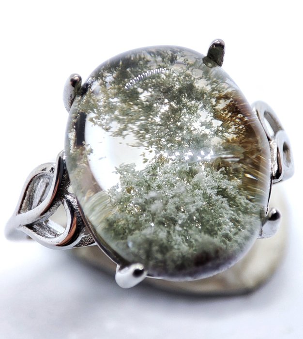 Kostenloser Versand - Sehr schöner seltener natürlicher Phantomkristallquarz 925 Silberring - Ring