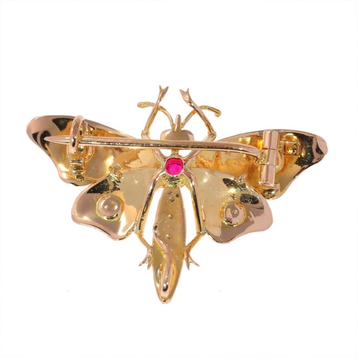 NO RESERVE PRICE 18 kt. Reddish/Yellowish gold - Brooch - Butterfly, Ruby,  Pearl, Vintage antique anno 1890 - Catawiki